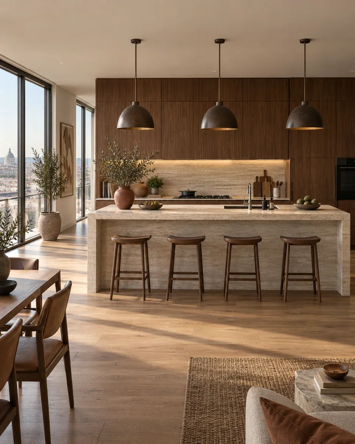 Warm contemporary kitchen inspiration with a stone island