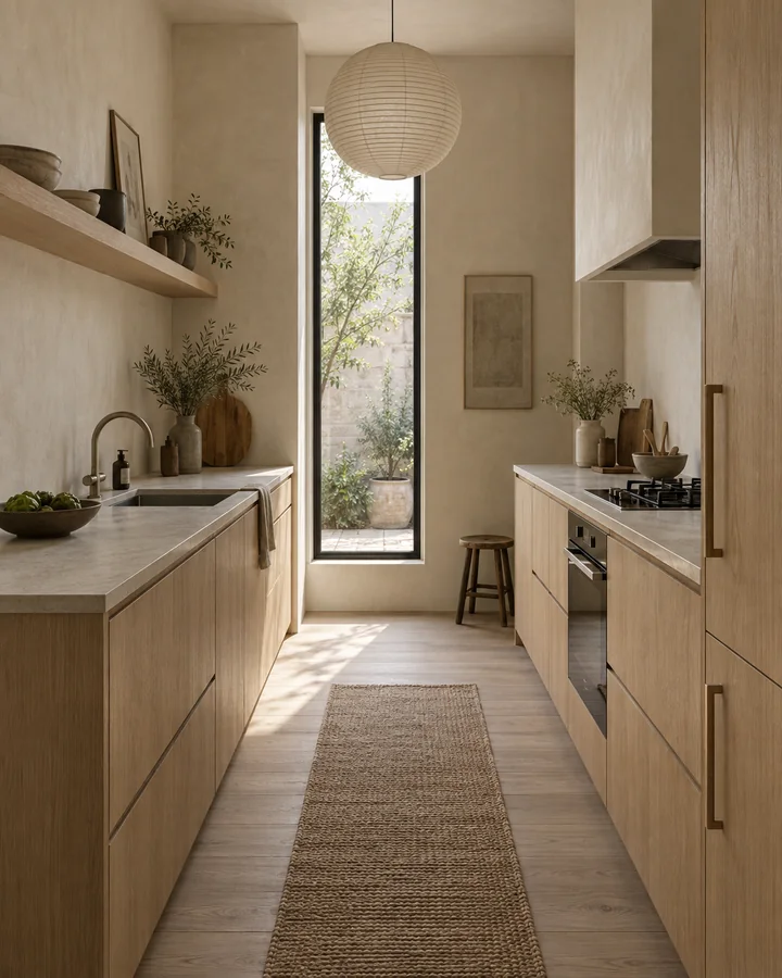 AI-generated narrow Japandi kitchen with pale wood cabinetry and soft daylight