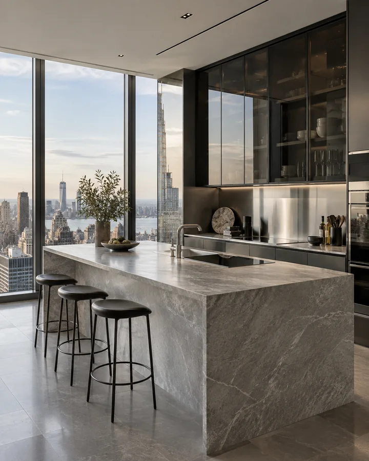 Illustrative high-rise kitchen with a stone island and smoked-glass cabinetry