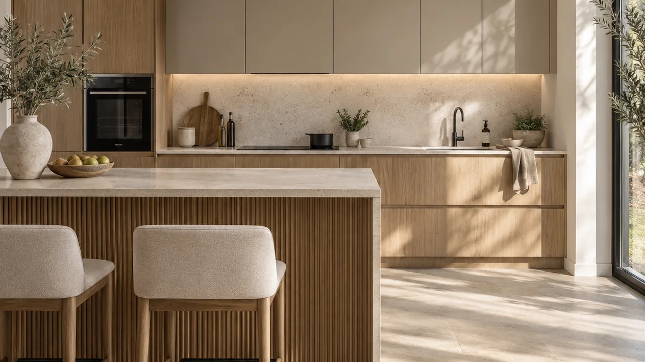Oak kitchen island and surrounding counters, illustrating the space needed for circulation
