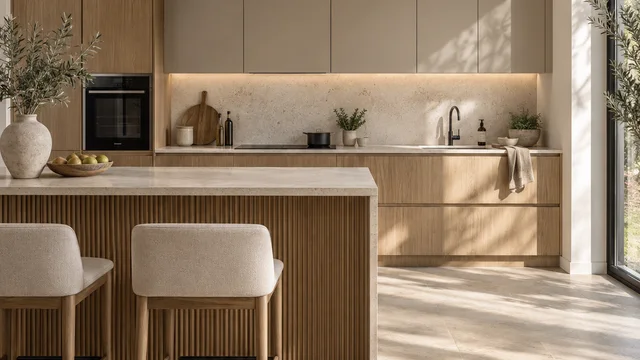 Oak kitchen island and surrounding counters, illustrating the space needed for circulation