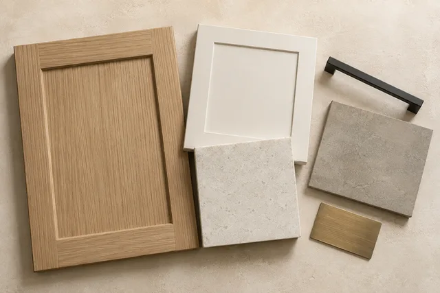 Oak and warm-white cabinet samples, light stone, grey tile and dark and brass metal finishes